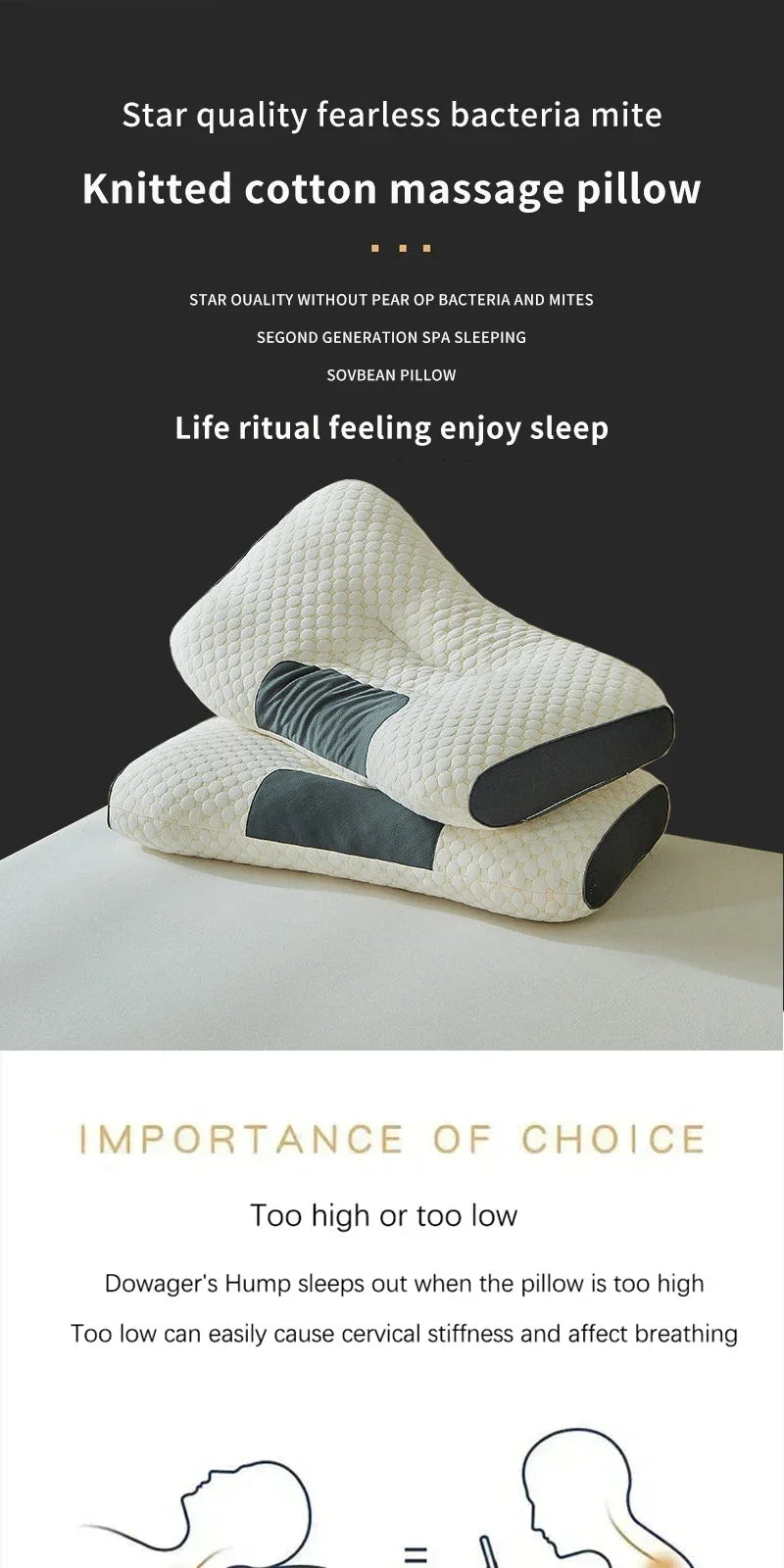 1PC NEW Neck Pillow Help Sleep Protect The Neck Cervical Orthopedic Soybean Fiber Massage Household SPA Pillow For Sleeping