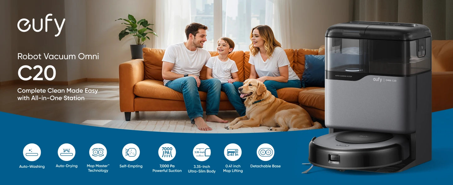 Eufy C20 Omni Robot Vacuum Cleaner Mop Combo Self-Emptying Auto Wash Dry Powerful Suction All-in-One Design Home Floor Low Noise