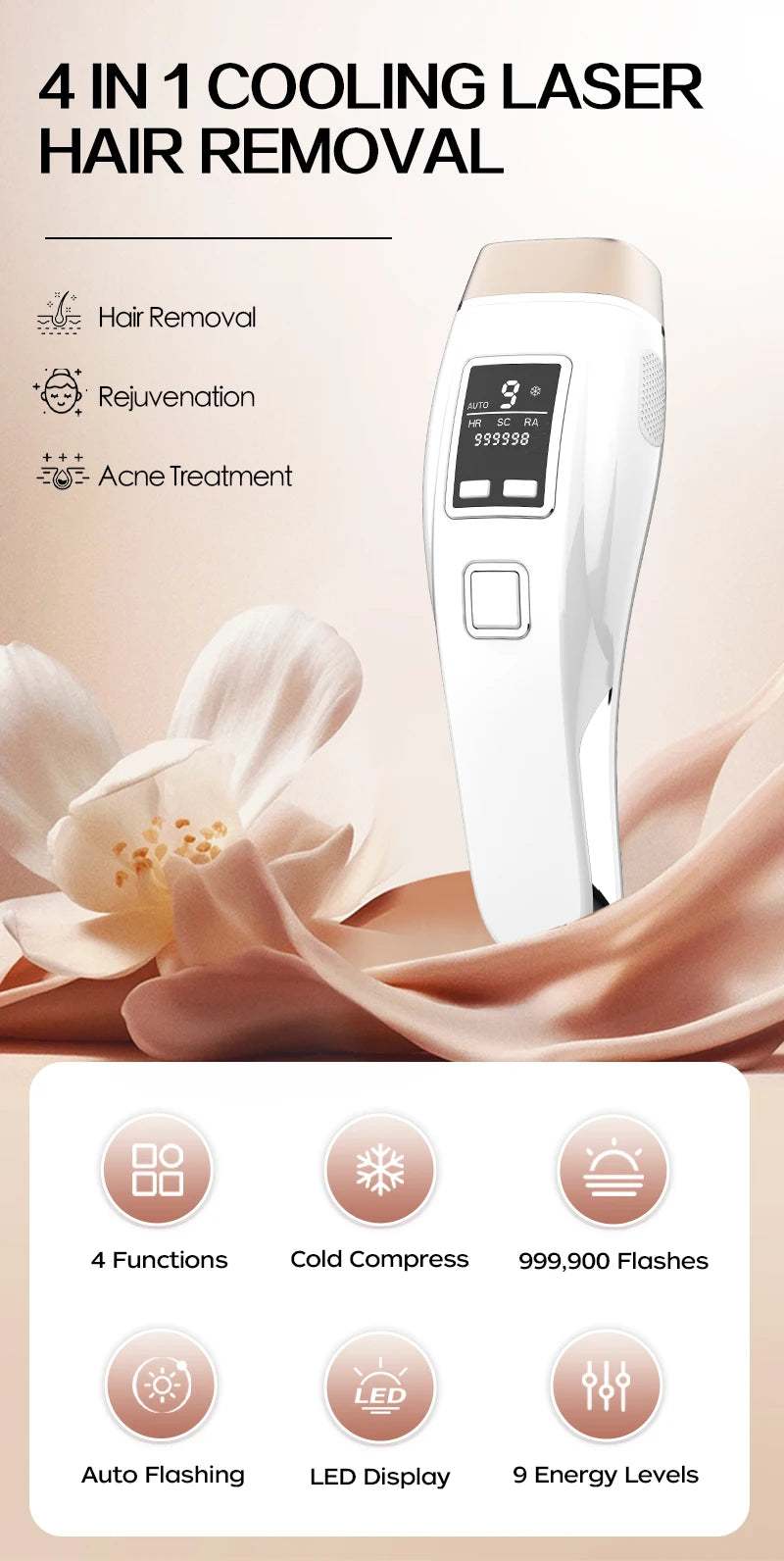 Vancostar 4in1 Laser Hair Removal IPL Epilator 999000 Flash Cooling Acne Treatment Rejuvenation Device for Home Bikini Trimmer