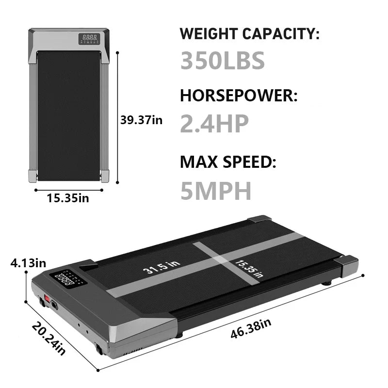 Under Desk Treadmill 39.3inch Walking Pad Treadmill 350lbs Capacity 2.4HP Portable Treadmills for Home Compact Treadmill Mini