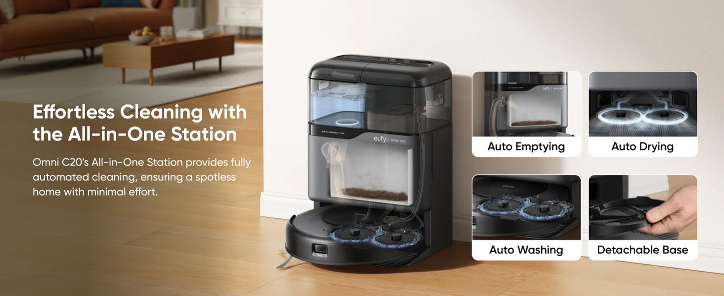 Eufy C20 Omni Robot Vacuum Cleaner Mop Combo Self-Emptying Auto Wash Dry Powerful Suction All-in-One Design Home Floor Low Noise